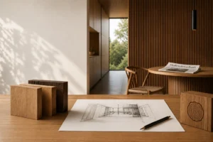 Ein Bleistift und eine Architekturzeichnung auf einem Holzschreibtisch mit Holzklötzen in einem modernen, sonnendurchfluteten Raum.