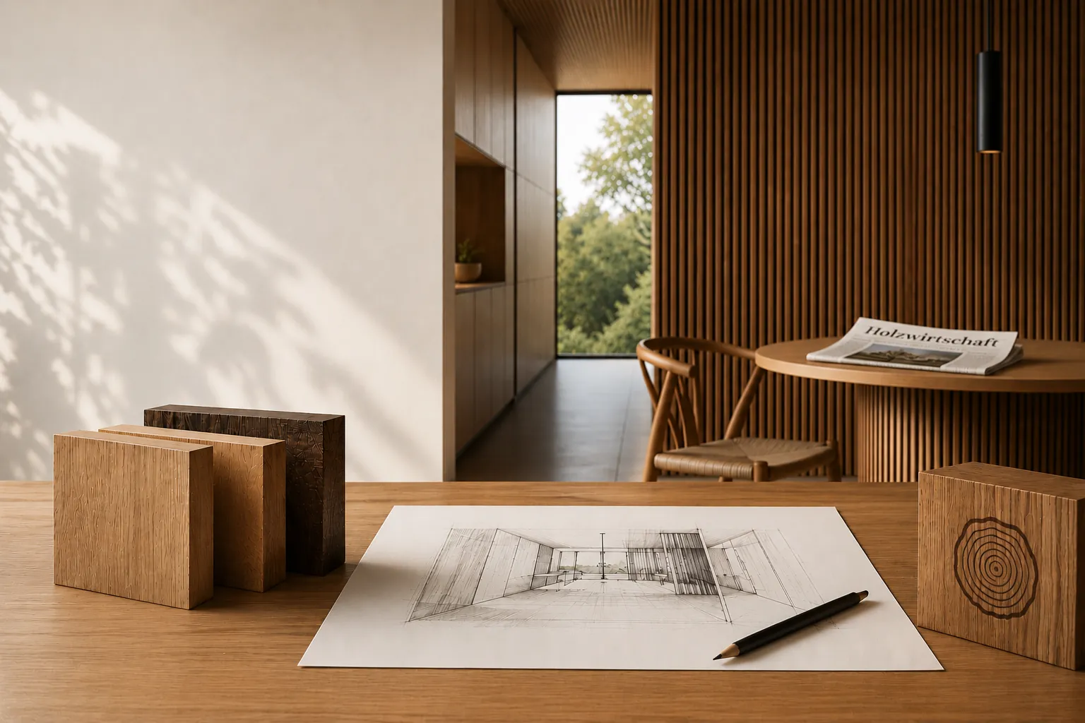 Ein Bleistift und eine Architekturzeichnung auf einem Holzschreibtisch mit Holzklötzen in einem modernen, sonnendurchfluteten Raum.