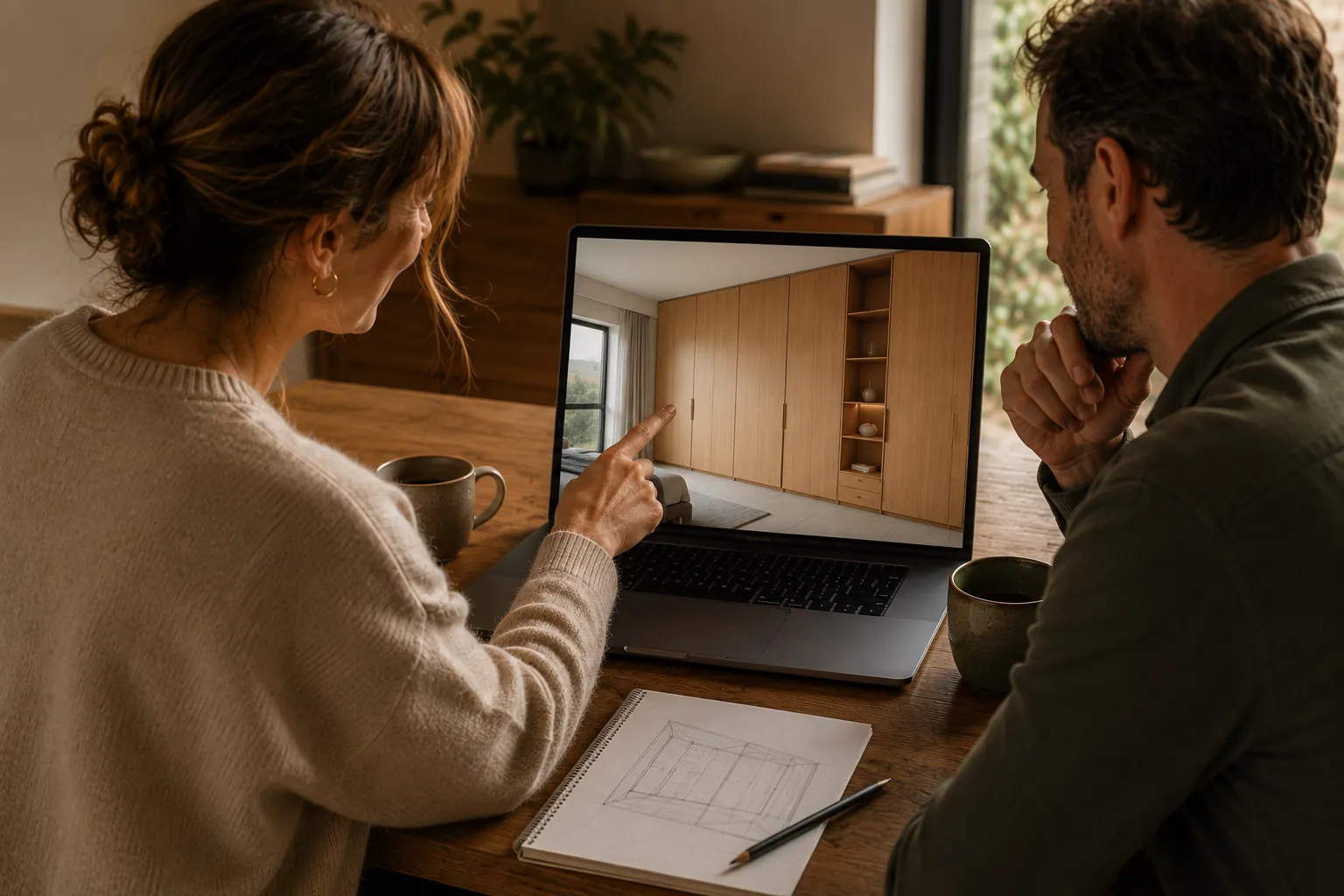 Kundin und Tischler besprechen am Laptop den Entwurf eines Einbauschranks