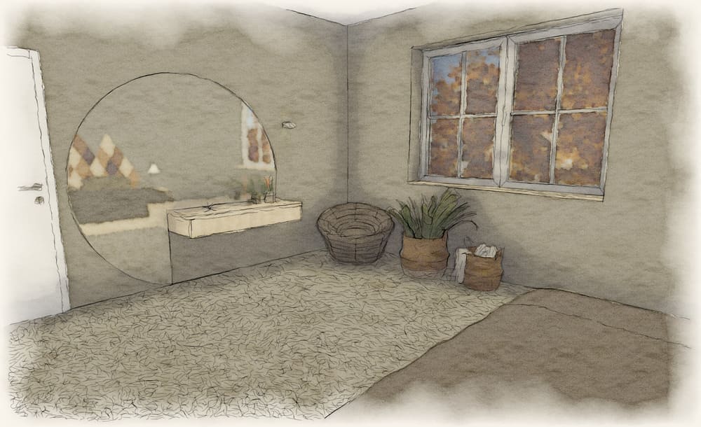 Illustration im Aquarellstil: Ein gemütliches Zimmer mit einem runden Spiegel, einem Fenster, Topfpflanzen, einem Korb und einem strukturierten Teppich.