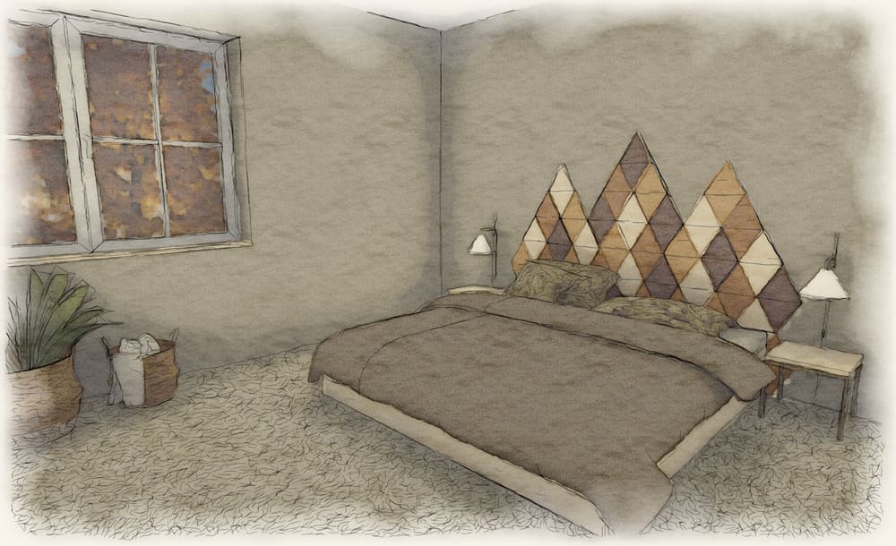 Illustration im Aquarellstil: Gemütliches Schlafzimmer mit einem geometrischen Kopfteil, Nachttischen, einem Fenster, einer Pflanze und sanfter Beleuchtung.