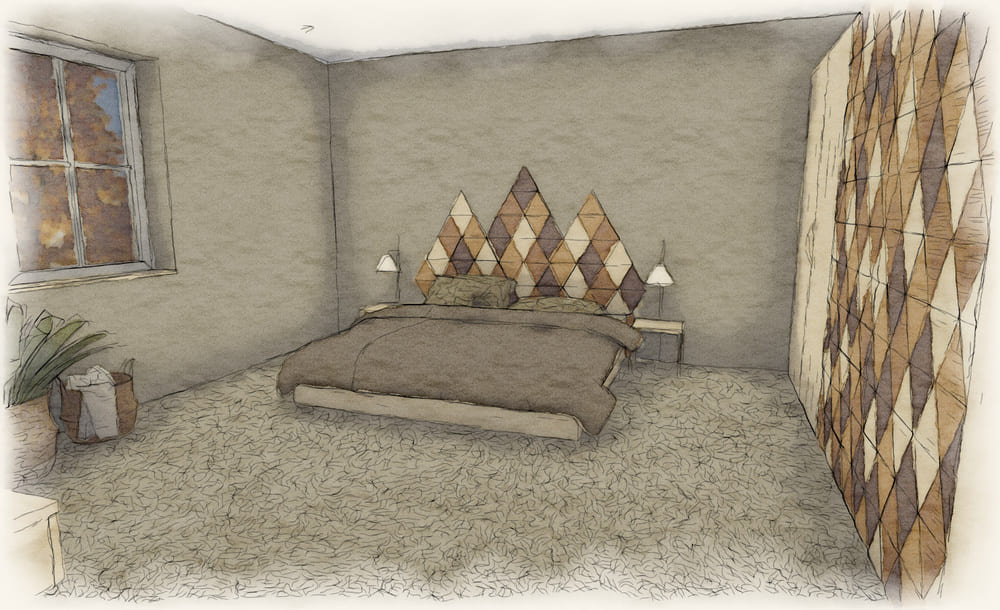Illustration im Aquarellstil: Ein gemütliches Schlafzimmer mit einem geometrischen Kopfteil, einem braunen Teppich, einem Fenster, Pflanzen und gemusterten Wanddekorationen.