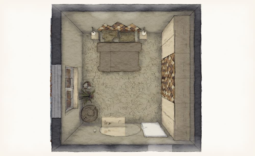 Illustration im Aquarellstil: Ein gemütliches Schlafzimmer aus der Vogelperspektive mit einem Bett, einem Kleiderschrank, einem Teppich, einem runden Tisch und einem Fenster.