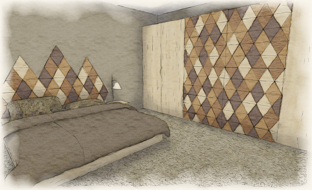 Illustration im Aquarellstil: Schlafzimmer mit Wand und Kopfteil in geometrischen Mustern, neutralen Farbtönen und einem strukturierten Teppichboden.
