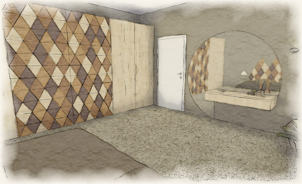 Illustration im Aquarellstil: Ein modernes Schlafzimmer mit geometrischen Wandpaneelen aus Holz, einer Tür und einem runden Spiegel über einem schwebenden Regal.