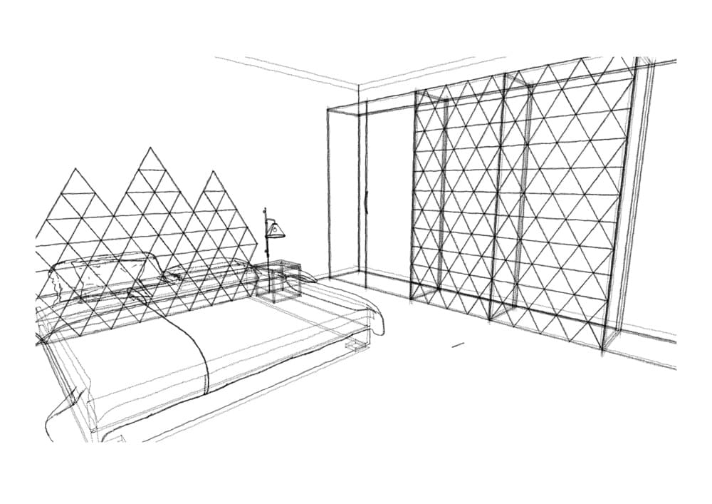 Skizze eines modernen Schlafzimmers mit geometrischen Wandmotiven, Bett, Beistelltisch, Lampe und Schiebetüren am Kleiderschrank.